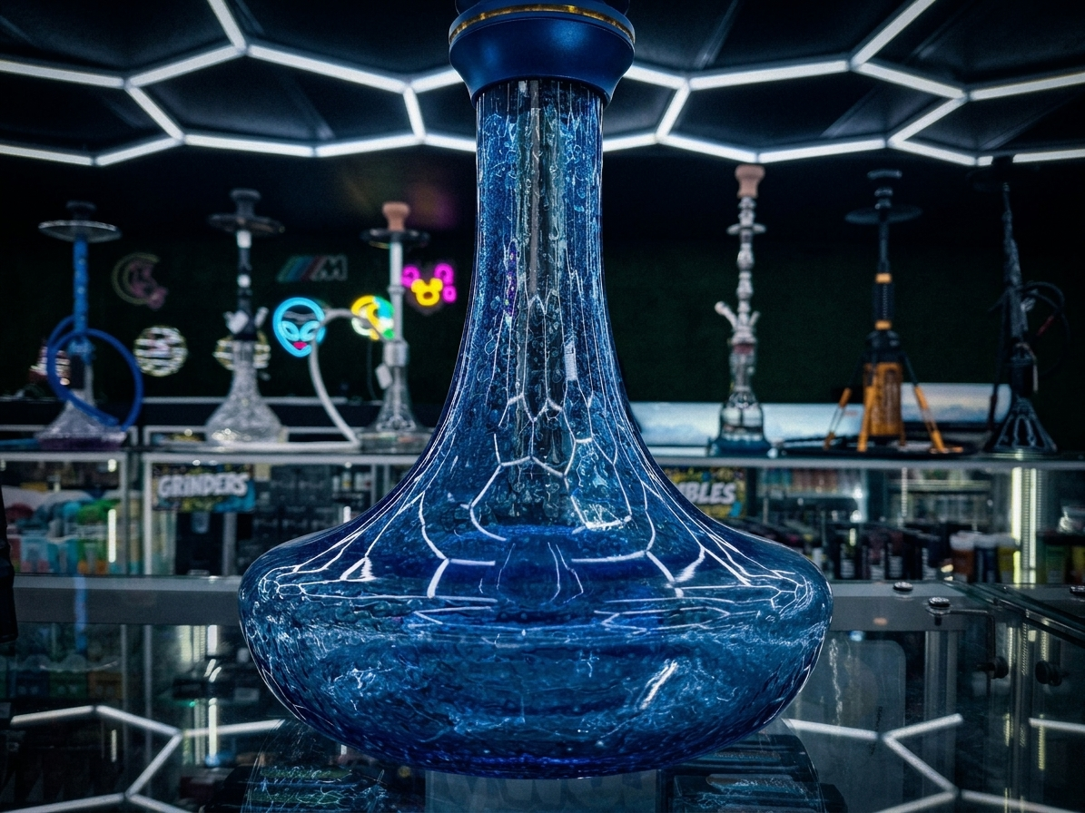 Inside Cloud Smoke Shop — a honeycomb-lit ceiling, black glass display cases and a blue crackle-glass hookah