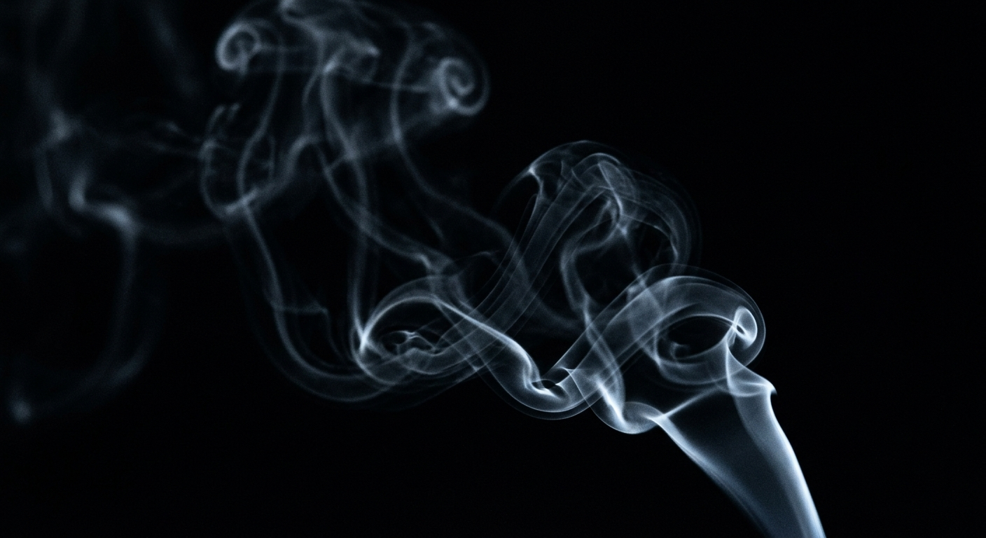 Dense dark smoke curling against near-black, lit only at its ice-white edges